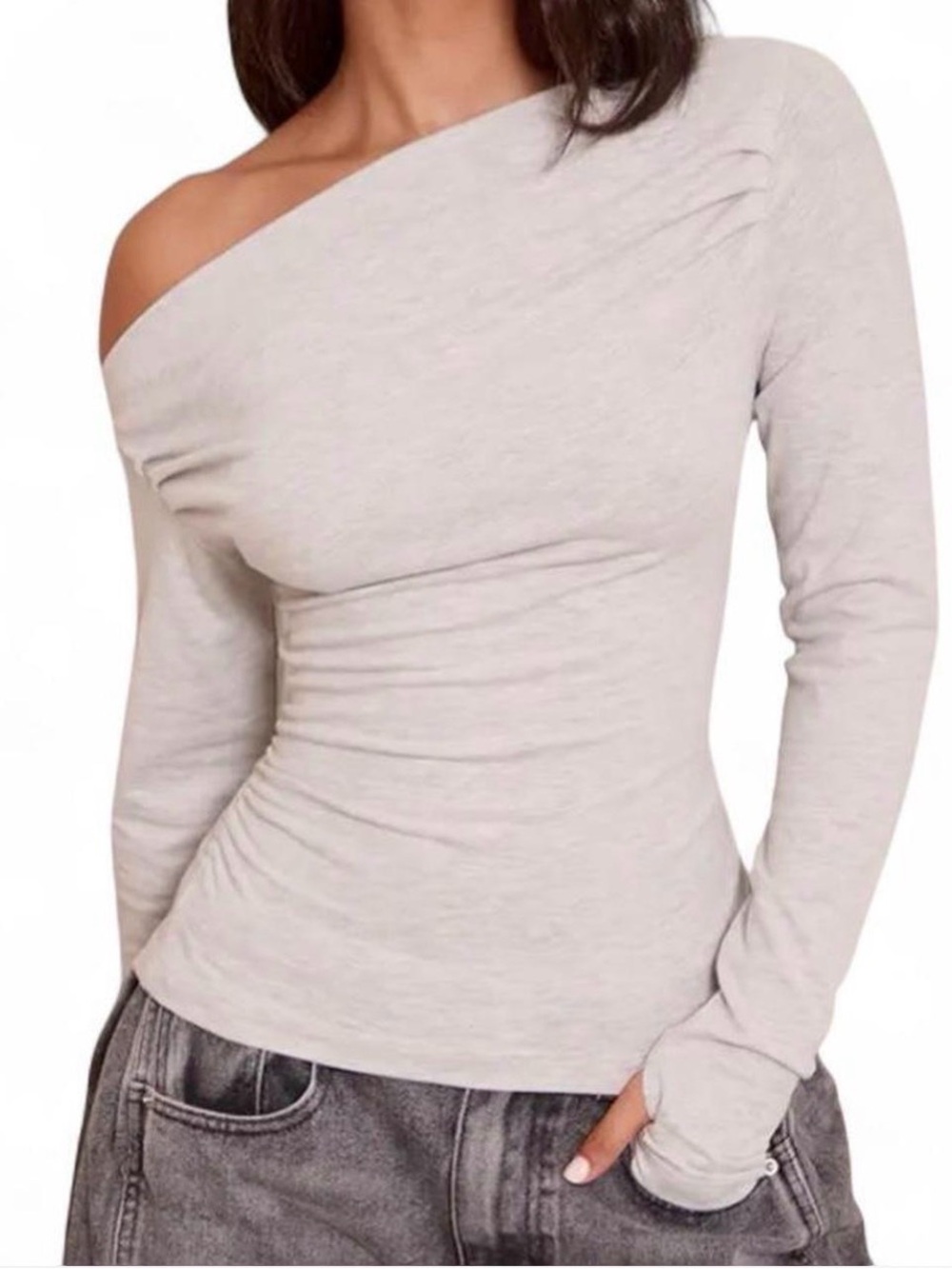 PrettyLittleThing Petite One-Shoulder Long Sleeve Top in Light Gray